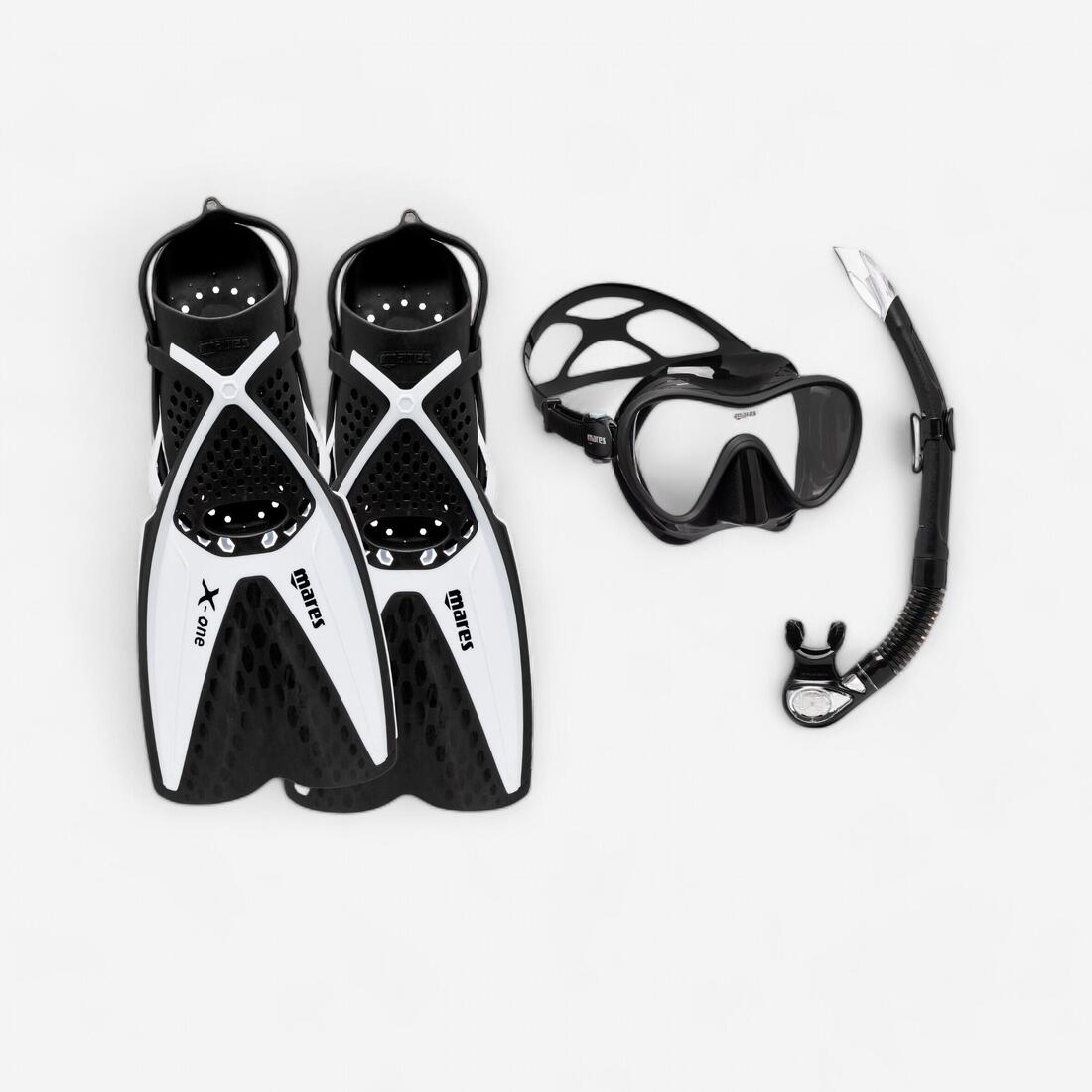 article en promo : Kit de snorkeling palmes masque et tuba - kit tropical noir et blanc