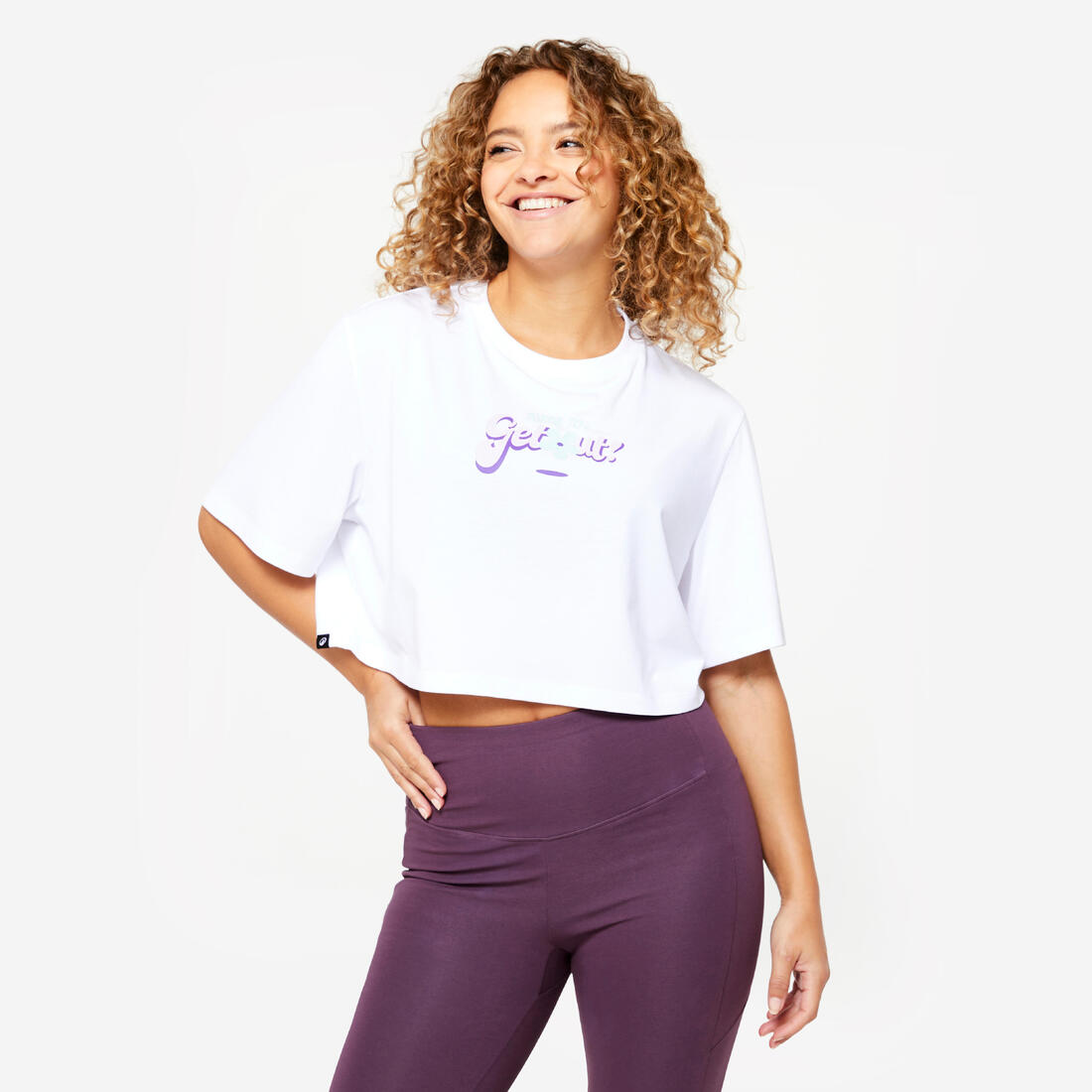 article en promo : T-shirt crop top femme - blanc imprimé jump