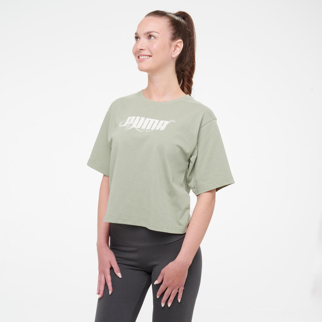 article en promo : T-shirt crop femme en coton, kaki