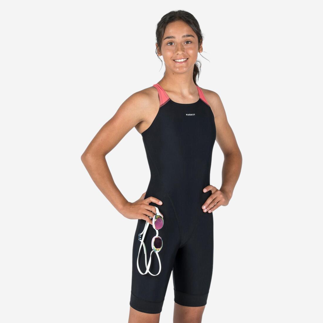 article en promo : Maillot de bain de natation 1 pièce shorty fille ado, kamyleon noir