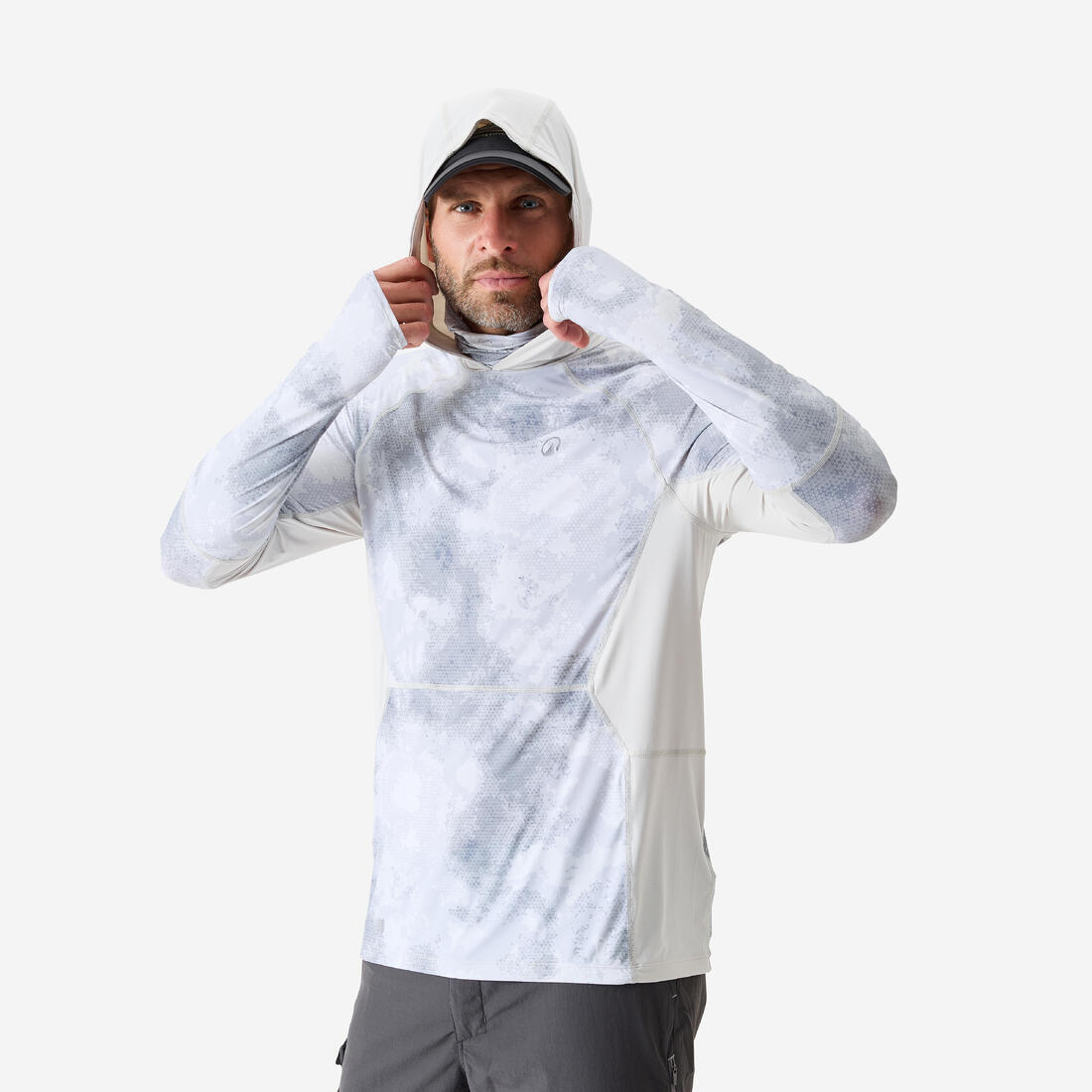 article en promo : Tee-shirt de pêche anti-uv 900 cooling, capuche et tour de cou upf 50+ gris