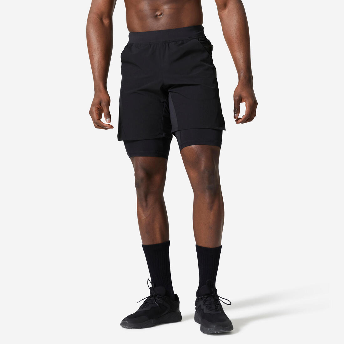 article en promo : Short de fitness 2 en 1 collection respirant poche zippée homme