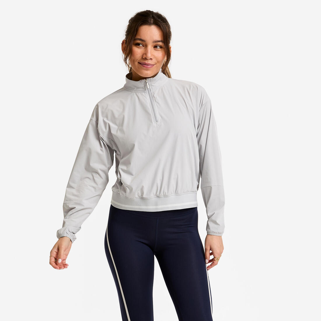 article en promo : Sweat-shirt demi-zip en toile femme, gris