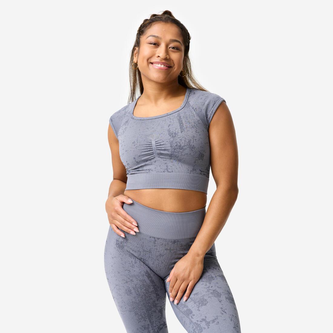 article en promo : Tee-shirt crop top seamless femme, imprimé gris